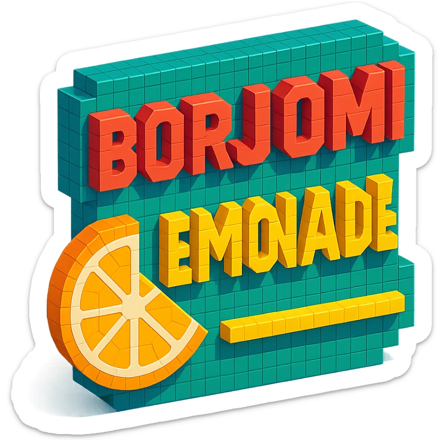 Borjomi lemonade advertisement sign with bold text sticker