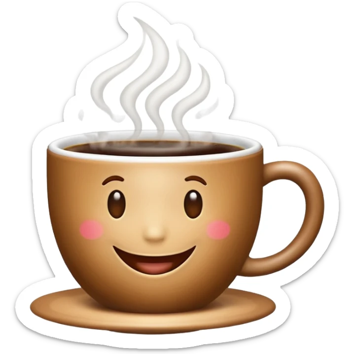 Create an emoji-style image of a warm morning cup of coffee with steam rising and a cheerful smiling face on the cup. The background should feel cozy and bright, like morning sunshine. sticker