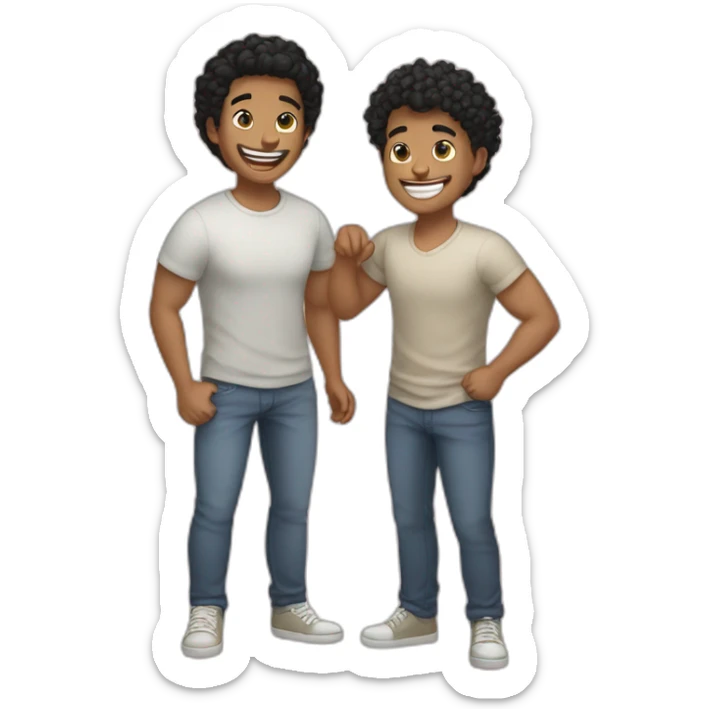 Gay couple, 1 guy Latino black hair and 1 Australian guy blonde curly hair with a cat laughing full body sticker