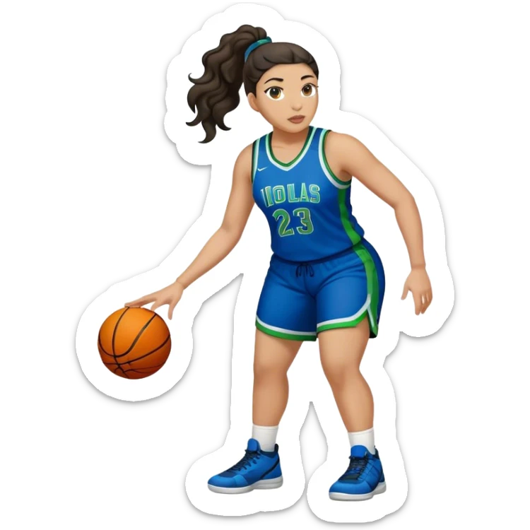 full body plus size light skin  latino women basketball player with wavy dark hair in pony tail wide nose wearing blue uniform with green accent sticker