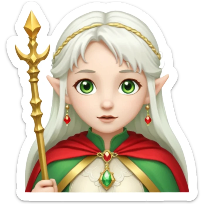 an elf with very white hair and two long PONYTAILS/pigtails on the side of her head, she has a curtain bang, green eyes, she has a white cape with golden borders and a scepter with a red orb, she has earrings that look like red drops sticker