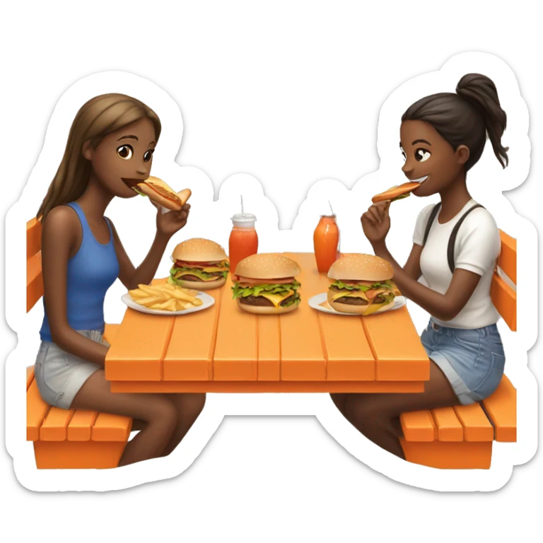 four girls eating burgers around an orange picnic table  sticker