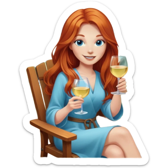 Happy redhead with long hair and blue eyes holding white wine sitting in chair beside firepit sticker