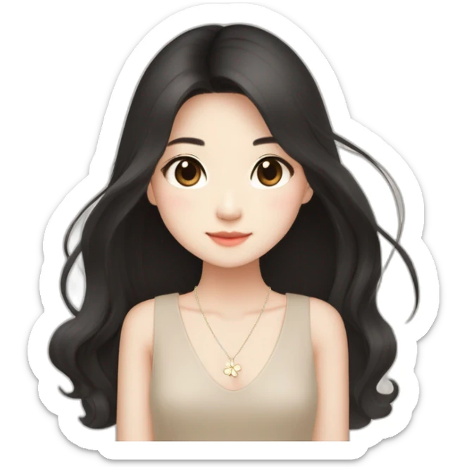 cute singaporean-chinese girl in Muji beige dress with straight long black hair and van cleef clover necklace sticker