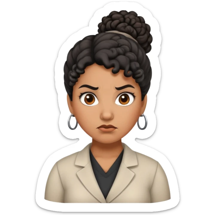 An angry female teacher with brown skin, black curly hair in a bun or updo, and slightly chubby sticker