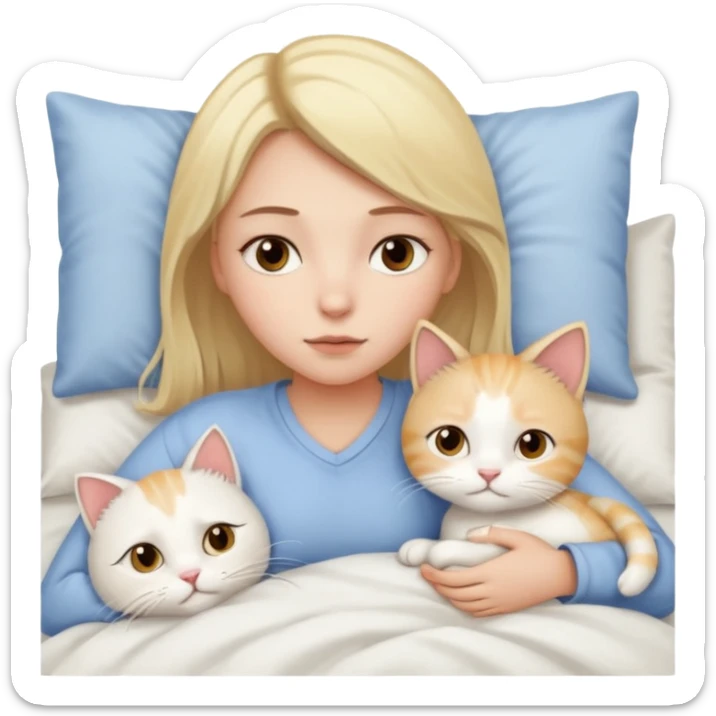 They recreate a photo of a blonde girl with light brown eyes, lying in bed sick with the flu, with her cat white nearby. sticker