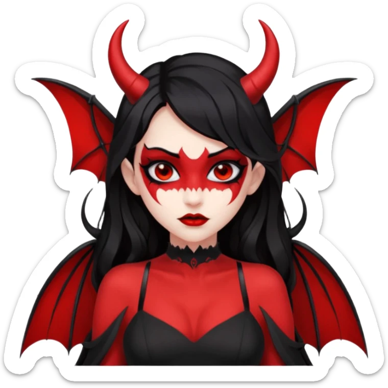 demon girl, skin red , black long hair, small horns, bat wing, black open-back dress, bold black outlines, red+black palette sticker