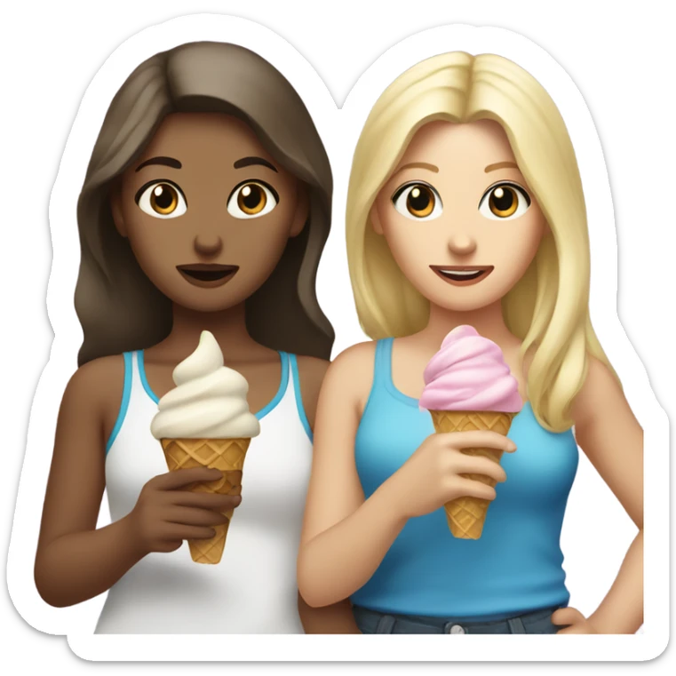 blonde girl with brown eyes standing with her best friend brunette with blue eyes while eating ice cream sticker