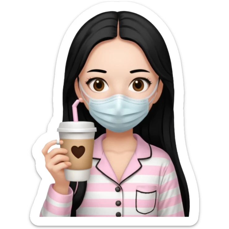 chica de pelo lacio color negro cabellera larga piyama blanca con rayas rosa claras peo no tan claras no oscuras el bordado es negro al igual que los botones )tiene una mascarilla para la carablanca y sostiene y cafe con bolitas nedras al dondo con unsorbete tranparente y es de test blanca  sticker