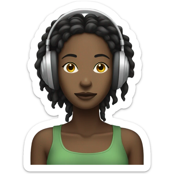 dark woman with short dreaded hair listening to music with eyes closed and headphones on sticker