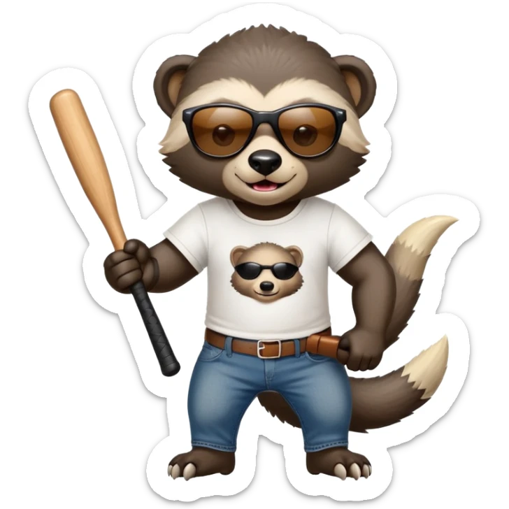 mischievous anthropomorphised honey badger in jeans and a t-shirt, wearing sunglasses, holding a baseball bat sticker