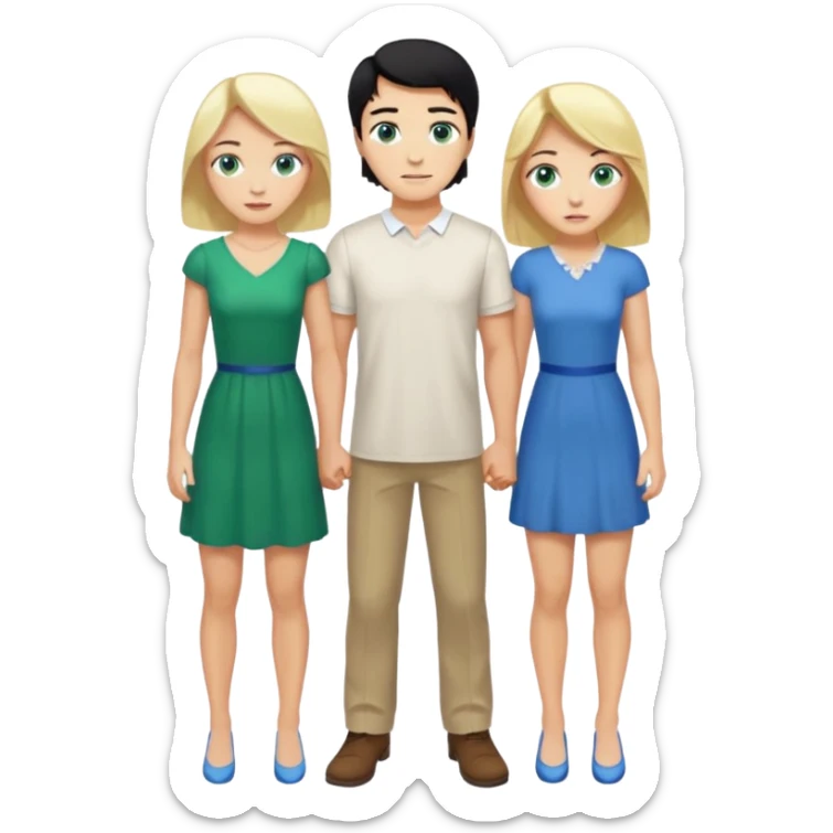 Man, black Hair, blue eyes, whole body, Woman, blonde, green eyes, White Dress, bending knees sticker