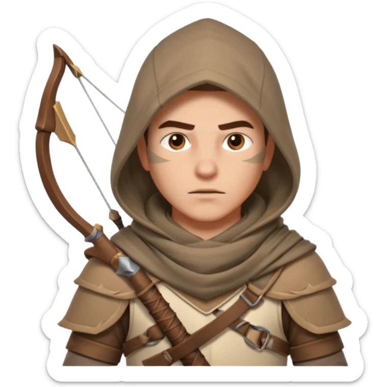 desert archer warrior portrait, head and shoulders only, hooded scarf collar, quiver strap visible, sharp focused eyes, 3D cartoon, mobile game icon style, clean background, no text, no watermark
 sticker