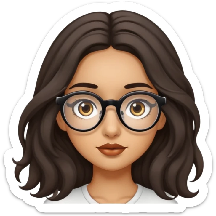 Girl with olive skin, brown eyes with long eyelashes and dark wavy long hair and large eyeglasses on top of hair sticker