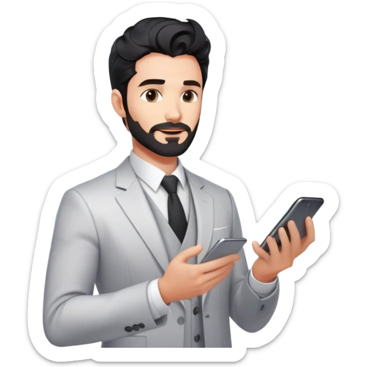 Professional 35-year-old man with black wavy hair, stubble, strong jawline, white skin tone, wearing smart casual business attire, interacting with holographic digital display, surrounded by tech elements, innovative business strategist sticker