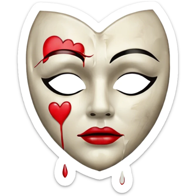 Icon for Drama: A vintage movie poster-style design featuring intense emotions, such as a tear-streaked face, dramatic lighting, and a dark, atmospheric background. Include elements like a broken heart, a crumpled letter, or a sad mask to evoke the essence of drama. Transparent background. sticker