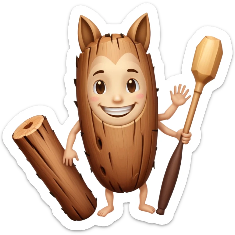 a brown wooden log with legs and arms and feet and a human face smiling with a wooden bat in its left hand  sticker