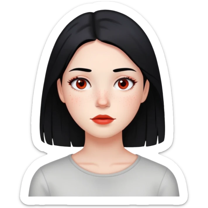 young woman with straight black hair, minimal makeup, and scattered red freckles sticker