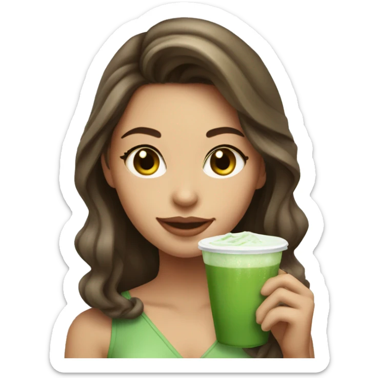Beautiful girl with brawn hair holding cup of iced matcha  sticker