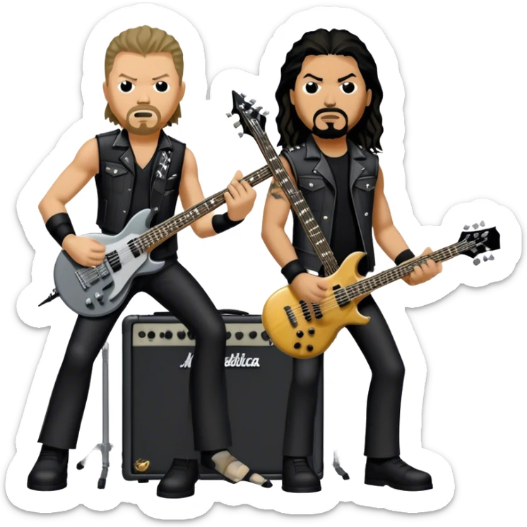 Icon for Metal Music: Metallica band members detailed in their signature look. James Hetfield with guitar, Lars Ulrich on drums, Kirk Hammett with his electric guitar, and Robert Trujillo playing bass. Bold, energetic style with musical notes, all in a heavy metal aesthetic. Transparent background. sticker