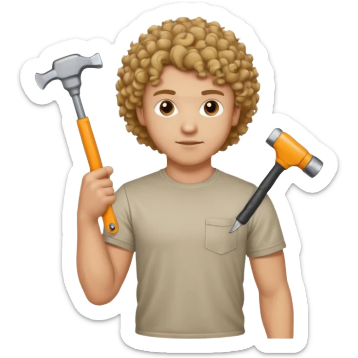 a guy who looks very handsome, has curly hair,  wears a tee shirt and holds a screwdriver in one hand and a  hammer in the other sticker