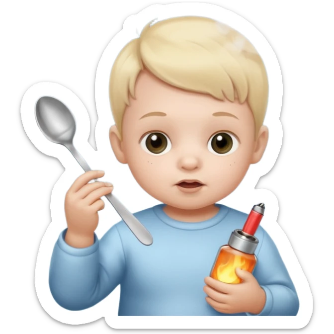 Baby with a spoon in one hand and lighter in the other with smoke coming off the spoon.  sticker