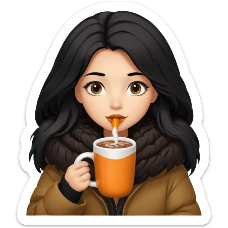 anned Girl with lashes , bright black long hair, in an extremely big fluffy oversized jacket, and drinking hot chocolate drink sticker