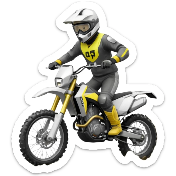 Male with a white helmet and motorcross googles, black and white clothes, riding an aventure motorcyle from Husqvarna, Norden 901, motorcycle is black, grey and yellow, doing a wheely (with the front wheel on air) getting of a mud pool sticker