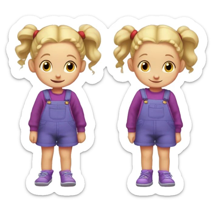 A little blonde girl with pigtails and little purple bows wearing a red long sleeved shirt and purple overalls, rugrats sticker