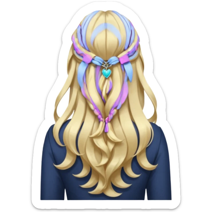 a girl facing backwards so that her hair is showing, long hair that is wavy. she has her hair in a style of half-up-half-down with a small claw-clip securing the hair of the head where the hair strands meet. hair is a platinum blonde color and dark blonde highlights.  sticker