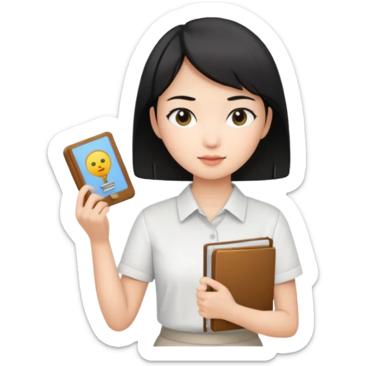 A young female guide with fair skin and short black hair from Asia, holding her guide in one hand sticker