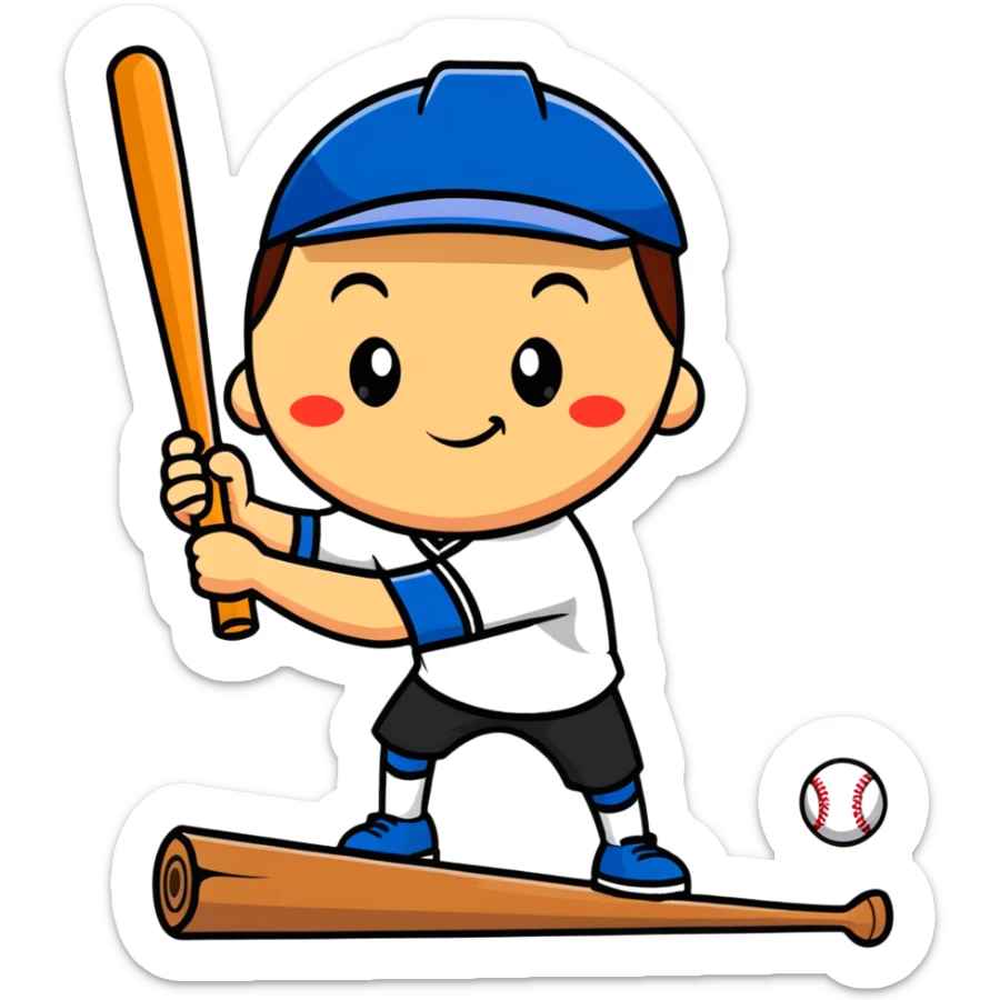 a wooden log with thin stick legs, cute cartoonish face, holding a baseball bat sticker