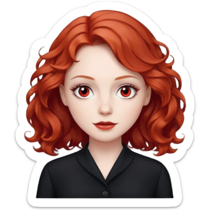 Julia Grant from Summer of Fear with medium red wavy hair, black outfit, white and red eyes sticker