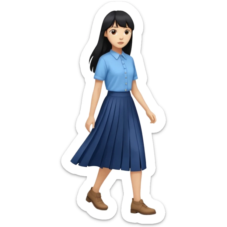 hair : black long hair with fringe 
skin : light 
cloth : oversize light blue shirt + navy long long skirt 
motion : walking 
carry: just hand sticker