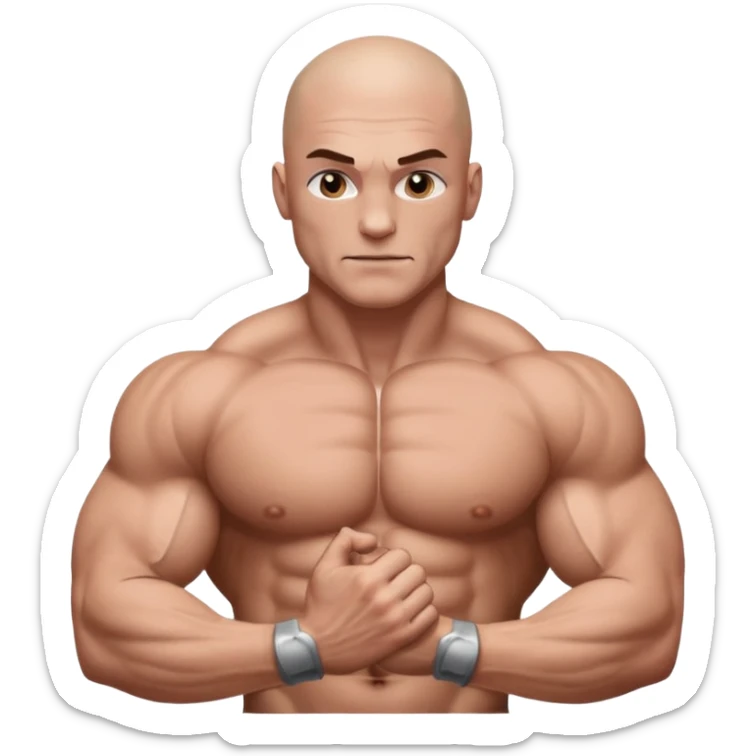 White skin, Shirtless, a lot of brown hair on the chest, Bodybuilder, big biceps and shoulders. Bald head sticker