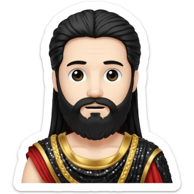 Pluto from Roman Deities with long black hair and beard , black sequin toga sticker