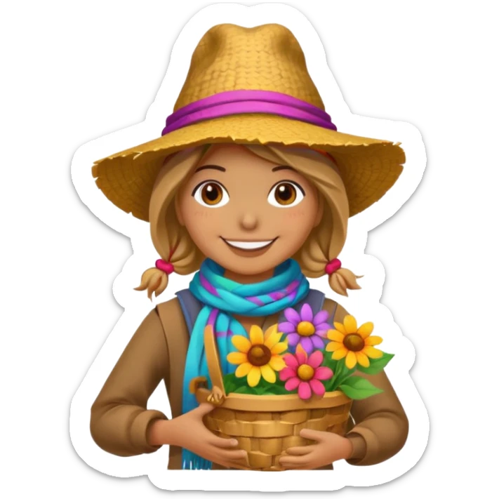 Scarecrow, Smiling face, colorful scarf, flower hat, holding a small basket. sticker