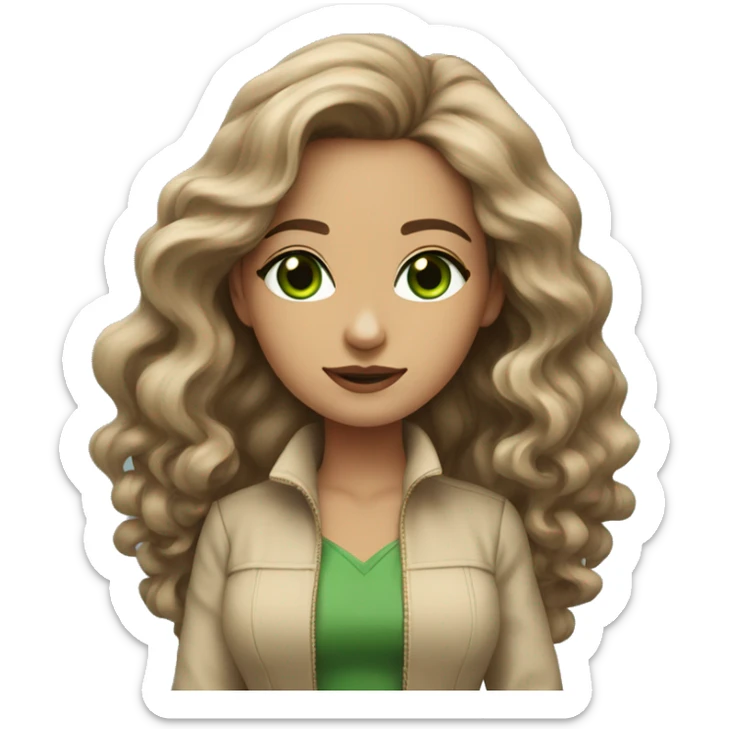 woman long brown wavy voluminous hair with green eyes beige skin and hot outfit sticker