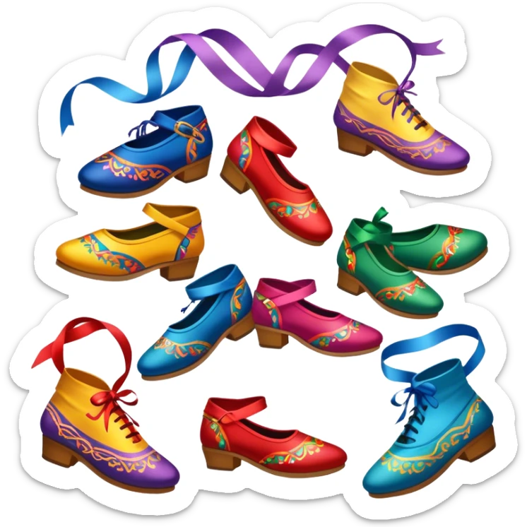 Icon for Folk Dance: close-up traditional dance shoes, colorful folk costumes, and a dance circle with ribbons. The icon should represent the vibrant and cultural aspects of folk dancing. Transparent background. sticker