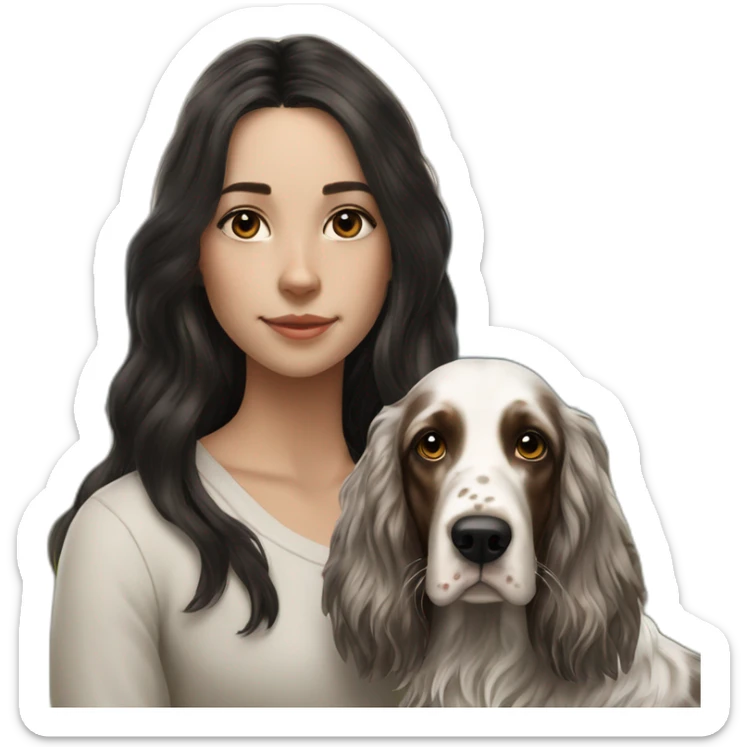 hyperrealist caucasian girl black long hair with brown english setter dog sticker