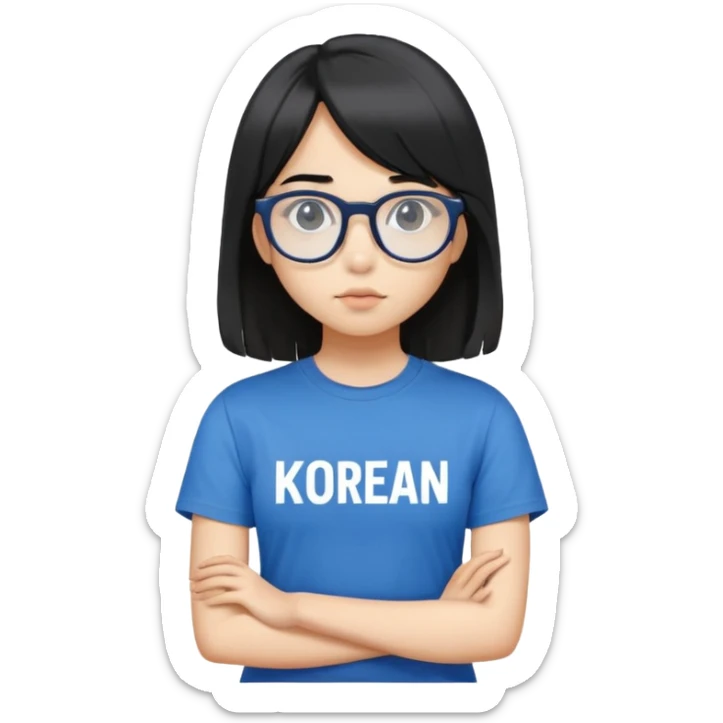 A girl with mullet black shoulder length hair, metal glasses, face is a little bit round, big black eyes, wear a blue T-shirt with Korean line of words on it sticker