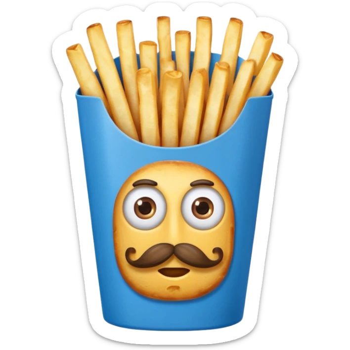 long slim crispy fries in a blue carton, carton has eyes and mustache sticker