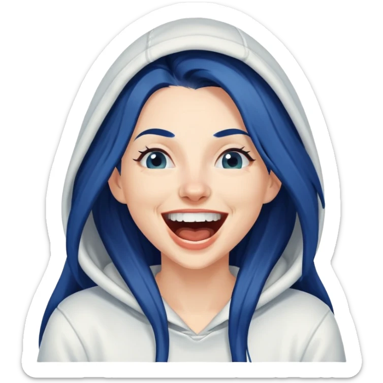 White 30 year old woman with long dark blue hair laughing hysterically wearing a white hoodie sticker