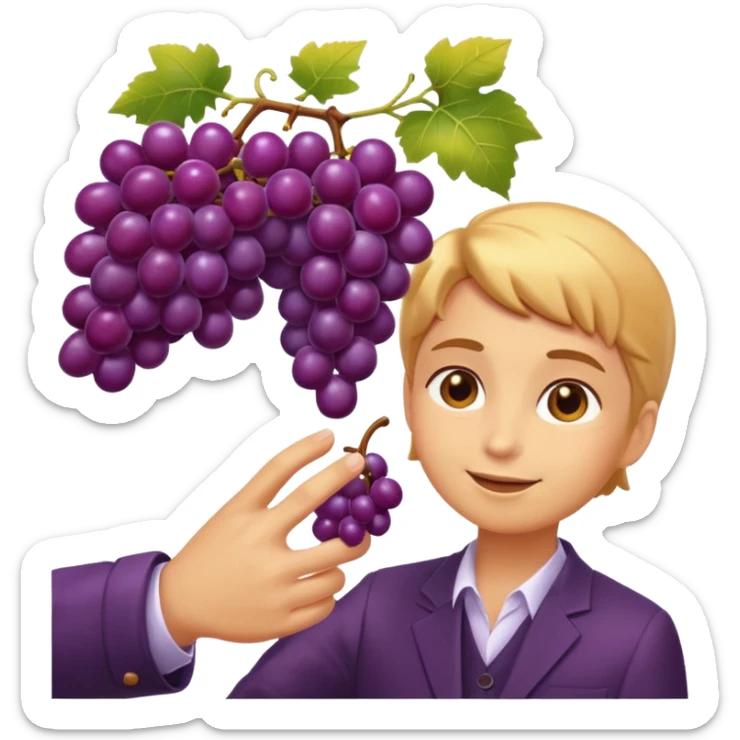 elegant emoji of a hand picking a glossy purple grape, vineyard scene, warm golden light, luxury feel, minimal shading sticker