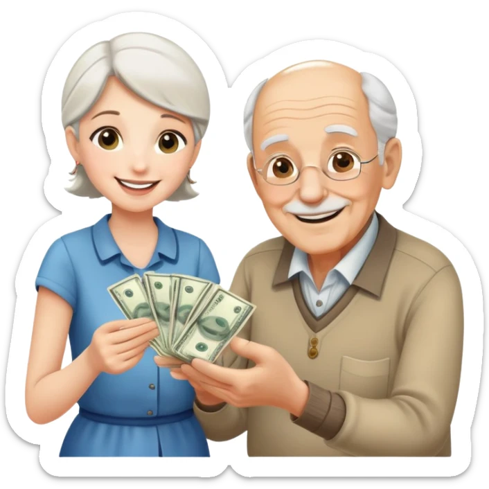 Kind elderly grandfather giving money to young adult woman who needs financial help, supportive family moment sticker