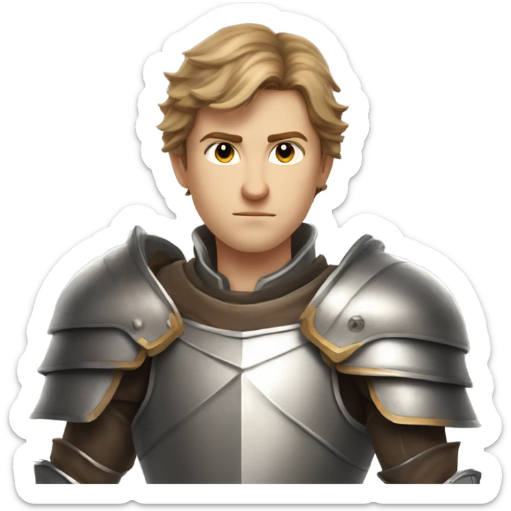 A young man with light brown hair and gray eyes, in chivalrous armor, fantasy, looks seriously, holds a sword in his hands sticker