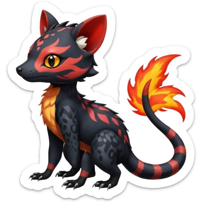Rare realistic cute epic aesthetic gothic colorful Salandit-Litten-Quilava-Civet-species-Fakemon-hybrid-creature, with fiery markings, full body sticker