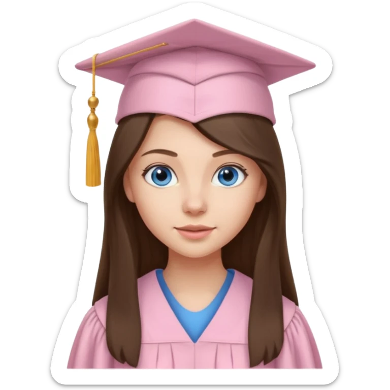 young brunette girl long hair, blue eyes and light pink gown and cap university graduate sticker