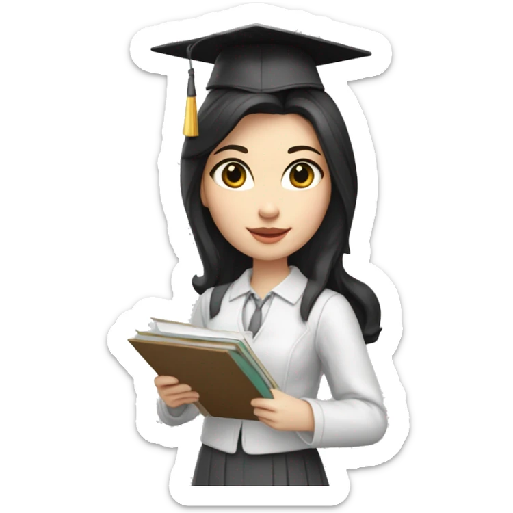 pale skin girl graduate student with middle length black hair,wearing graduate black cap, gray eyes, White classical jacket, blouse, Gray skirt holding a color palette in the hands sticker