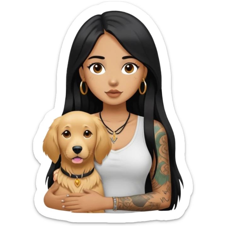 brown girl with long black  straight hair with  tattoos on the chest and  a golden retriever sticker